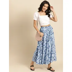 TAG 7 Women White & Blue Printed Pure Cotton Flared Palazzos-picture-38