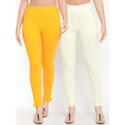 TAG 7 Women White & Yellow Set of 2 Solid Ankle Length Cotton Leggings-picture-27