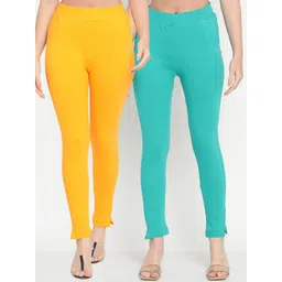 TAG 7 Women Yellow & Turquoise Blue Pack of 2 Straight Fit Ankle-Length Leggings-picture-14