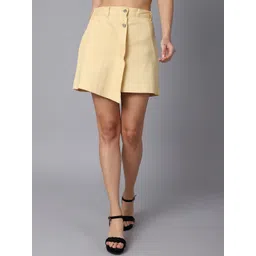 TAG 7 Women Yellow Solid Asymmetric Denim Skirts-picture-33