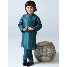 TAHVO Boys Mandarin Collar Dupion Silk Straight Kurta With Trousers-picture-58