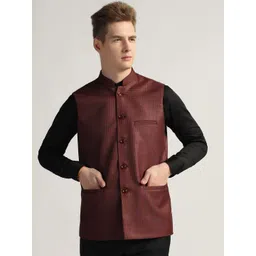 TAHVO Checked Woven Design Mandarin Collar Tweed Casual Nehru Jacket-picture-10