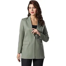 tahvo Green Long Notched Lapel Blazers for Women - Stylish Casual Formal Blazer - Regular Fit Polyviscose - 2 Pockets Single Breasted Full Sleeve - Perfect for Business Meetings-picture-12