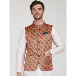 TAHVO Men Orange & Green Printed Nehru Jacket-picture-16