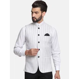 TAHVO Men White Striped Nehru Jackets-picture-36