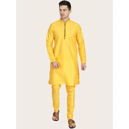 TAHVO Men Yellow Solid Dupion Silk Kurta with Pyjamas-picture-41