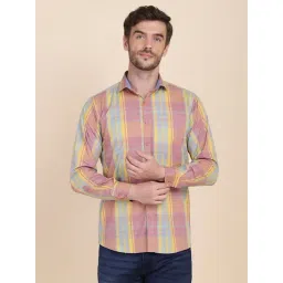 TAHVO Pink & Yellow Cotton Slim Fit Checks Shirt-picture-14