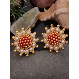 Tajoni Gold-Plated Pearls Studded Oxidised Floral Shaped Studs-image-5