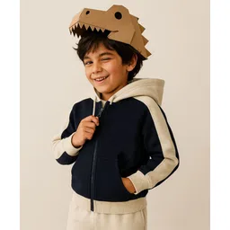 Tales & Stories Cotton Knit Full Sleeves Colour Blocked Hooded Light Winter Sweatshirt - Navy Blue-picture-12