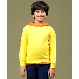 Tales & Stories Cotton Knit Full Sleeves Colour Blocked Hooded Light Winter Sweatshirt - Yellow-picture-11