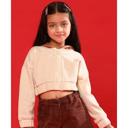 Tales & Stories Cotton Knit Full Sleeves Colour Blocked Light Winter Hooded Sweatjacket - Cream-picture-15