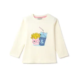 Tales & Stories Cotton Knit Full Sleeves Cute Cat Face & Fries Printed Tee - Off White-picture-11
