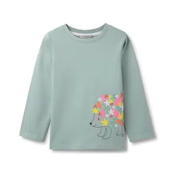 Tales & Stories Cotton Knit Full Sleeves Floral Embroidered Animal Printed Tee - Green-picture-24