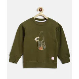Tales & Stories Cotton Knit Full Sleeves Flower Basket Printed Light Winter Sweatshirt - Olive-picture-23