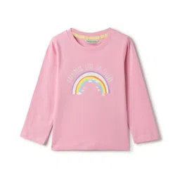 Tales & Stories Cotton Knit Full Sleeves Rainbow Printed & Happiness Lies In Colours Text Embroidered Tee - Pink-picture-22