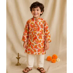Tales & Stories Cotton Woven Full Sleeves Leaves & Birds Printed Kurta Pyjama Set - Multi Colour-picture-32