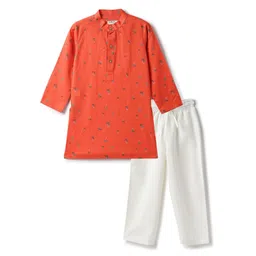 Tales & Stories Cotton Woven Full Sleeves Palm Trees Printed Kurta Pyjama Set - Rust Orange-picture-31