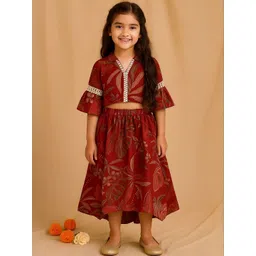 TALES & STORIES Girls Maroon Printed V-neck Bell Sleeves Crop Cotton Top With Skirt-picture-38