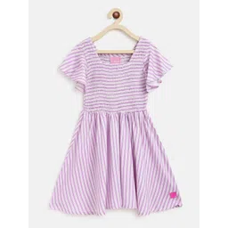 TALES & STORIES Girls Purple Striped Smocked Cotton Fit & Flare Dress-picture-28