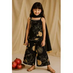 Tales & Stories Girls Viscose Woven Sleeveless Printed Kurti Palazzo Set With Dupatta - Black-picture-11