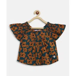 Tales & Stories Half Flutter Sleeves Shoe Flower Printed Regular Fit Top - Khaki Brown-picture-18