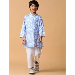 Tales & Stories Kids Blue & White Printed Full Sleeves Kurta Set-picture-23