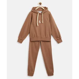 Tales & Stories Woven Full Sleeves Brand Name Embroidered Hooded Light Winter Sweatshirt & Track Pants Set - Brown-picture-26