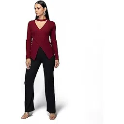 TAMiSKA Women’s Ribbed Knit Wrap Sweater – Full Sleeve V-Neck Choker Top | Slim Fit Stretchable Pullover for Winter Layering-image-6