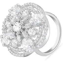 tanaira Rhodium plated adjustable American diamond ring for women round Flower design fingur ring oversized cocktail for Girls-picture-50