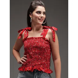 TANDUL Floral Print Smocked Crepe Top-picture-32