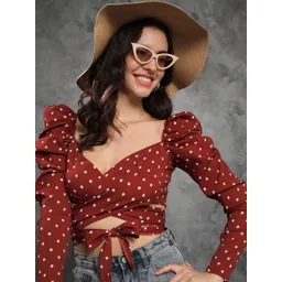 TANDUL Polka Dot Print Sweetheart Neck Puff Sleeve Crepe Wrap Crop Top-picture-28