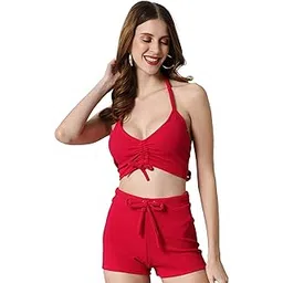 tandul Women Above Knee/Mid Thigh Length Two Piece Dress Stretchable Fabric V Neck Dress (Small, Pink) gifts for women-picture-48