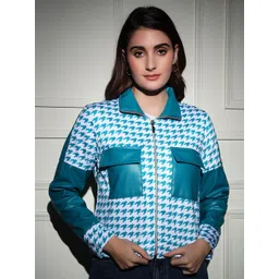 TANDUL Women Checked Houndstooth Lightweight Biker Jacket-picture-13