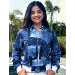 TANDUL Women Fleece Lightweight Denim Jacket with Patchwork-picture-23