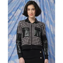 TANDUL Women Houndstooth Checked Crop Lightweight Velvet Bomber Jacket-picture-29