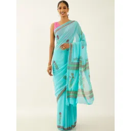 Taneira Blue Floral Print Saree With Unstitched Blouse-picture-23