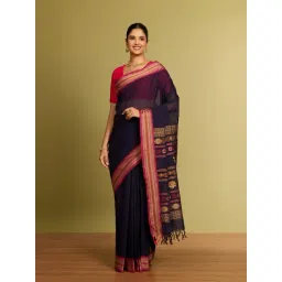 Taneira Dark Blue Cotton Embroidered Saree With Unstitched Blouse-picture-17