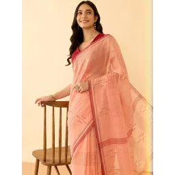 Taneira Light Orange Cotton Woven Design Saree image 5