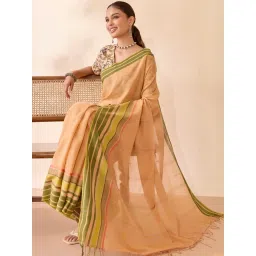 Taneira Light Orange Cotton Woven Design Saree image 4