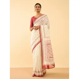 Taneira Off White Cotton Silk Printed Saree With Blouse-picture-17