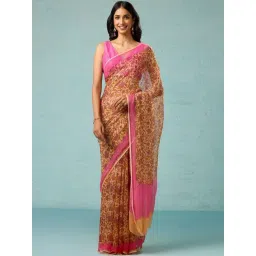Taneira Yellow & Pink Floral Print Saree With Unstitched Blouse-picture-13