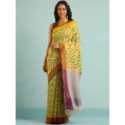 Taneira Yellow Cotton Printed Saree With Unstitched Blouse-picture-16