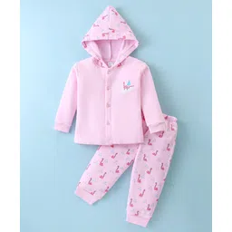 Tango Fleece Knit Full Sleeves Hooded Front Open Winter Wear Night Suit With Dinosaurs Print - Pink-picture-23