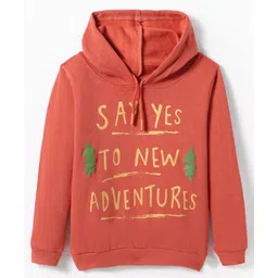 Tango Fleece Knit Full Sleeves Hooded Sweatshirt with Text Print - Rust Orange-picture-13