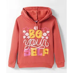 Tango Fleece Knit Full Sleeves Hooded Sweatshirt with Text Print - Rust Orange-picture-15