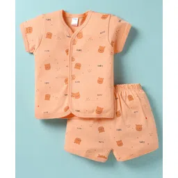 Tango Interlock Woven Front Open Shorts Night Suit With Bear Print - Peach-picture-14