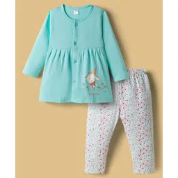 Tango Single Jersey Knit Full Sleeves Front Open Frock & Leggings With Deer & Floral Print - Aqua Blue & White-picture-33