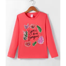 Tango Single Jersey Knit Full Sleeves T-Shirt With Text & Floral Print - Coral-picture-20
