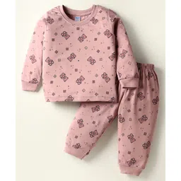 Tango Single Jersey Knit Full Sleeves Teddy Bear Printed Co-Ords Night Suit - Pink image 1
