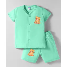 Tango Single Jersey Knit Half Sleeves Shorts Front Open Night Suit with Tiger Print - Mint-picture-18